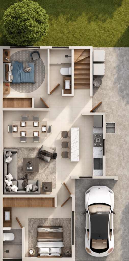 Planta baja de Casa Encino de 105 m² en Privada Monarca, con recámara principal con baño privado, cocina, sala y comedor en espacio abierto