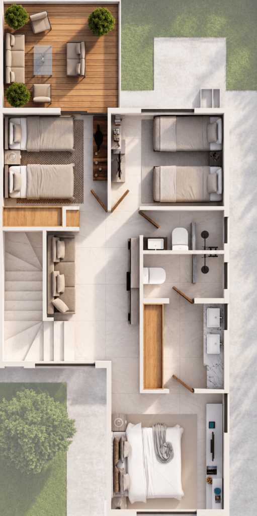 Planta alta de Casa Treviso en Privada Monarca, con recámara principal con walk-in closet y baño privado, más dos recámaras adicionales