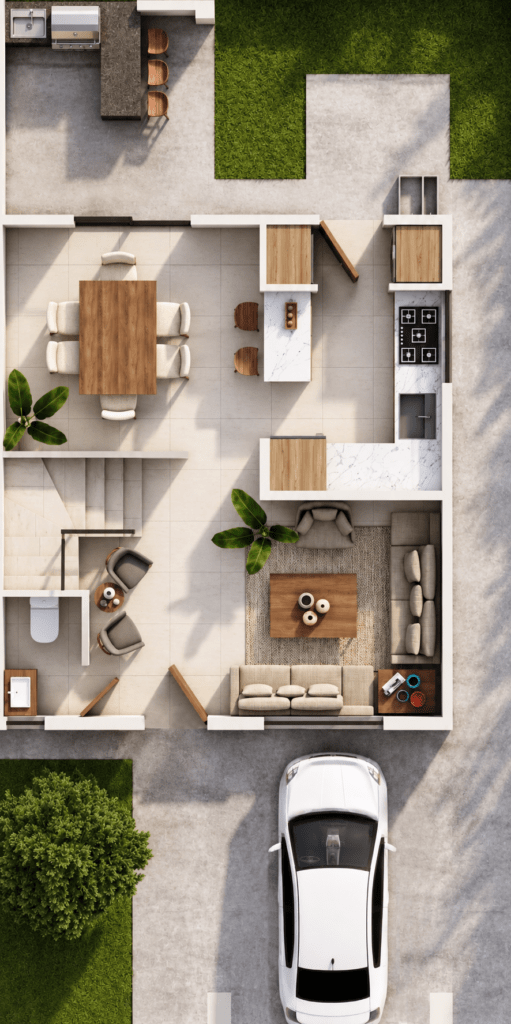 Planta baja de Casa Treviso de 160 m² en Privada Monarca, con cochera techada, cocina, sala, comedor y terraza con asador