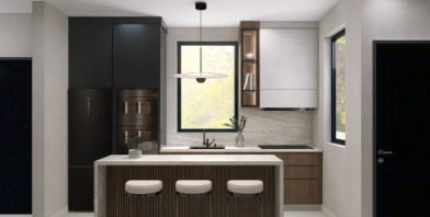 Render de cocina con distribución lineal