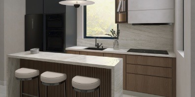 Render de cocina con isla y bancos