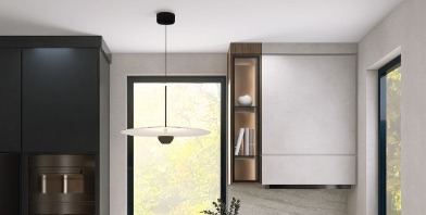 Render de cocina con alacenas altas