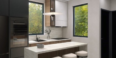 Render de cocina con encimera clara y detalles de madera