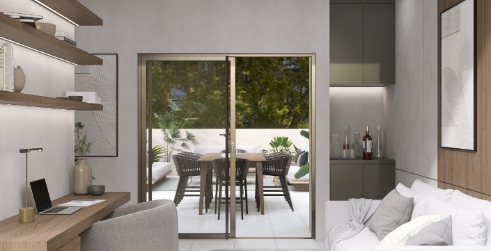 Render de la planta alta de la Casa Encino con escritorio, sala y salida a la terraza