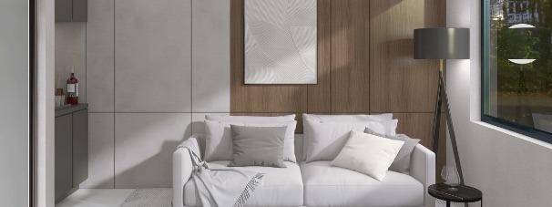 Render de cuarto flex como sala con sofá