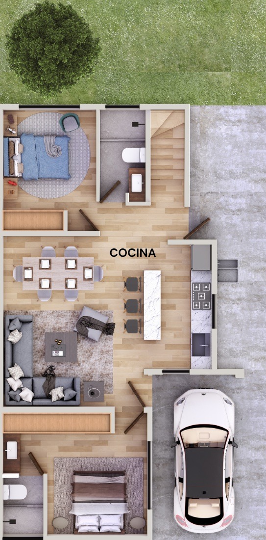 Planta baja de la Casa Encino con recámaras, cocina, sala comedor, cochera y jardín