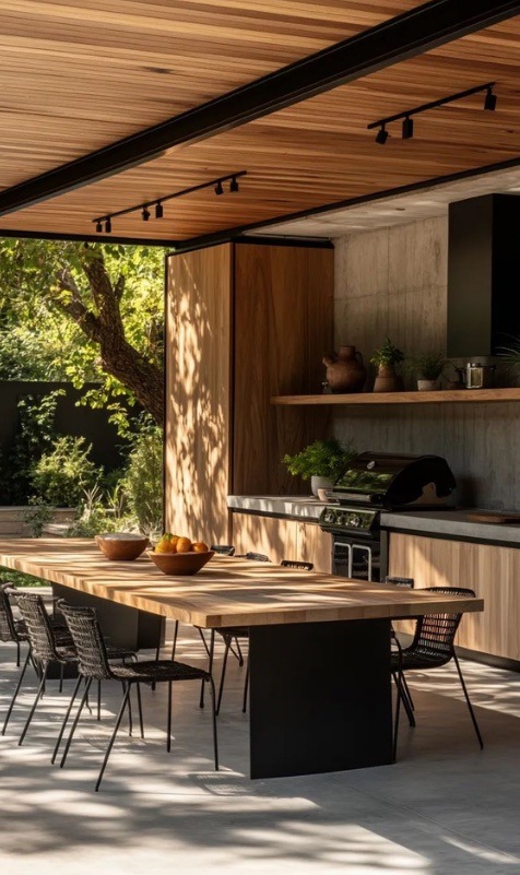 Comedor exterior bajo techo de madera con cocina y asador