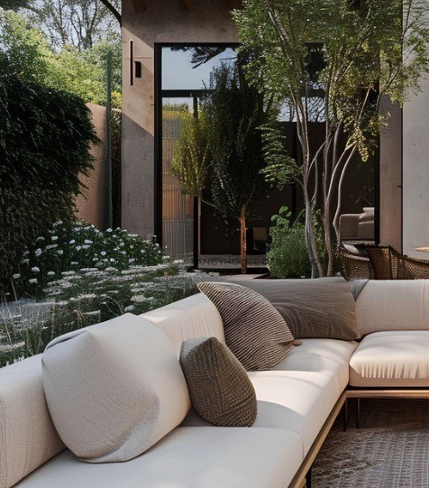 Sala exterior con cojines rodeada de jardín