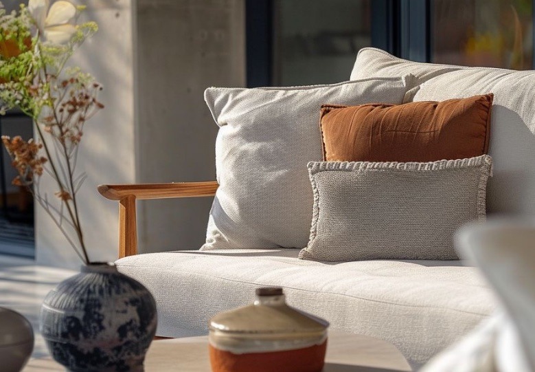Sillón exterior con cojines de textura en tonos neutros y terracota