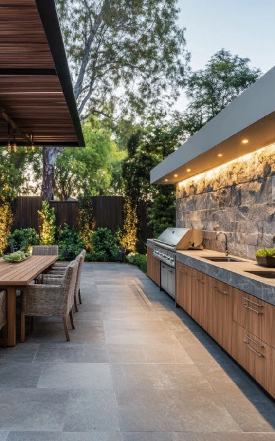 Cocina exterior iluminada al anochecer junto a un comedor