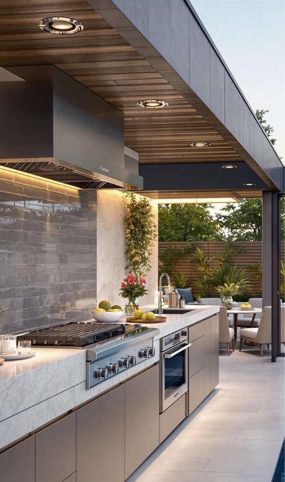Cocina exterior con asador de acero inoxidable