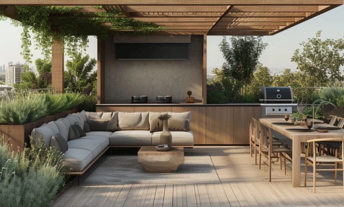 Terraza con pérgola de madera, sala exterior y comedor