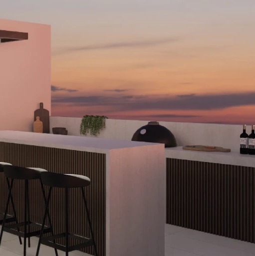 Render de terraza con barra y asador al atardecer